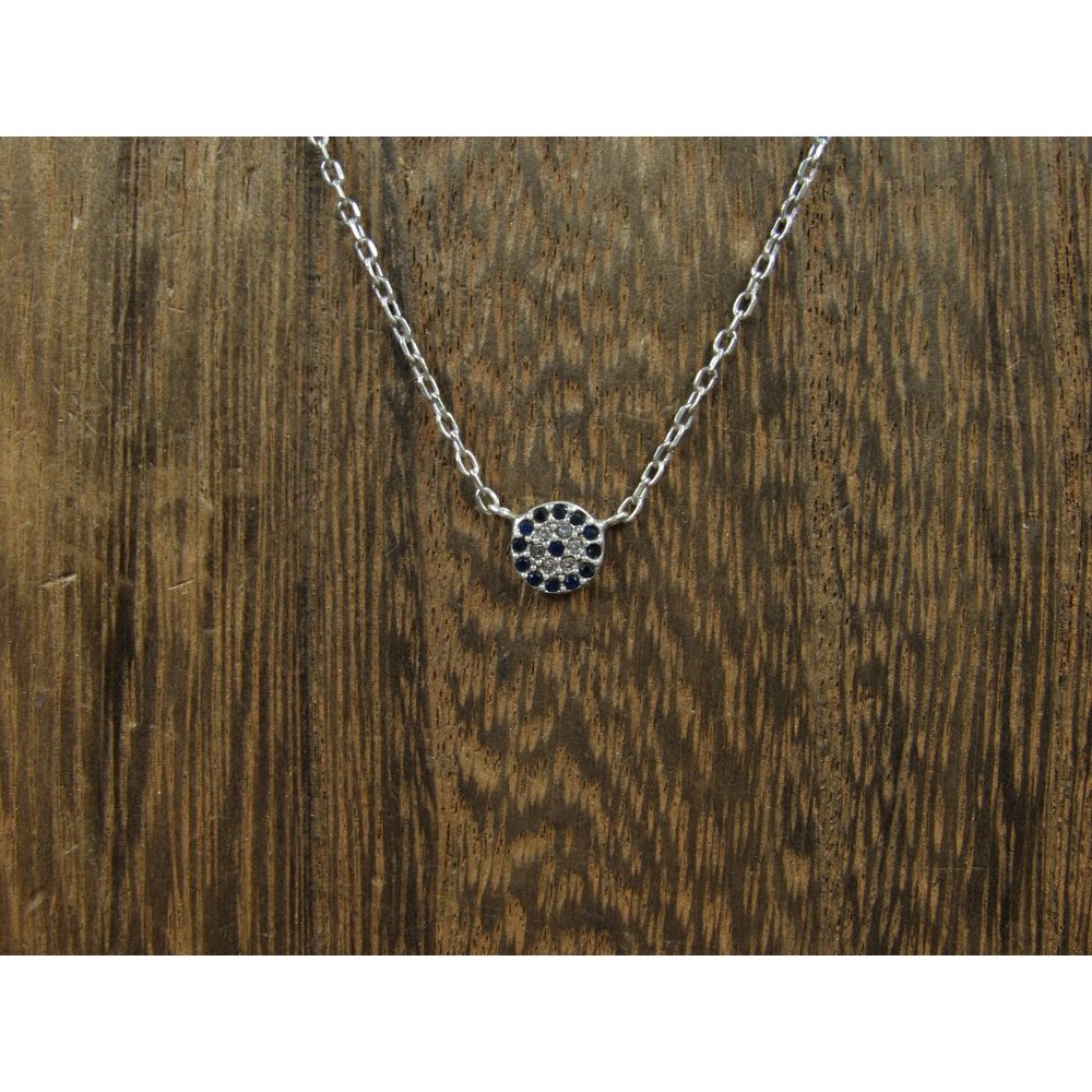 16" Sterling Silver Circle Blue And Clear CZ Necklace Vintage Minimalist